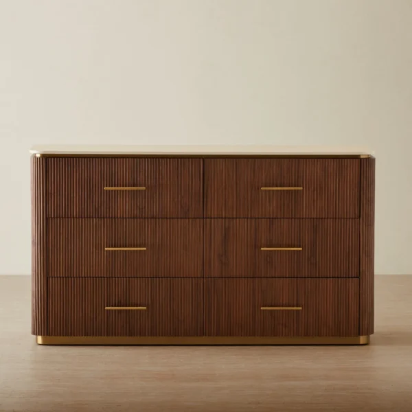 San Pierre Walnut Veneer Dresser - Travertine Finish Sintered Stone Top